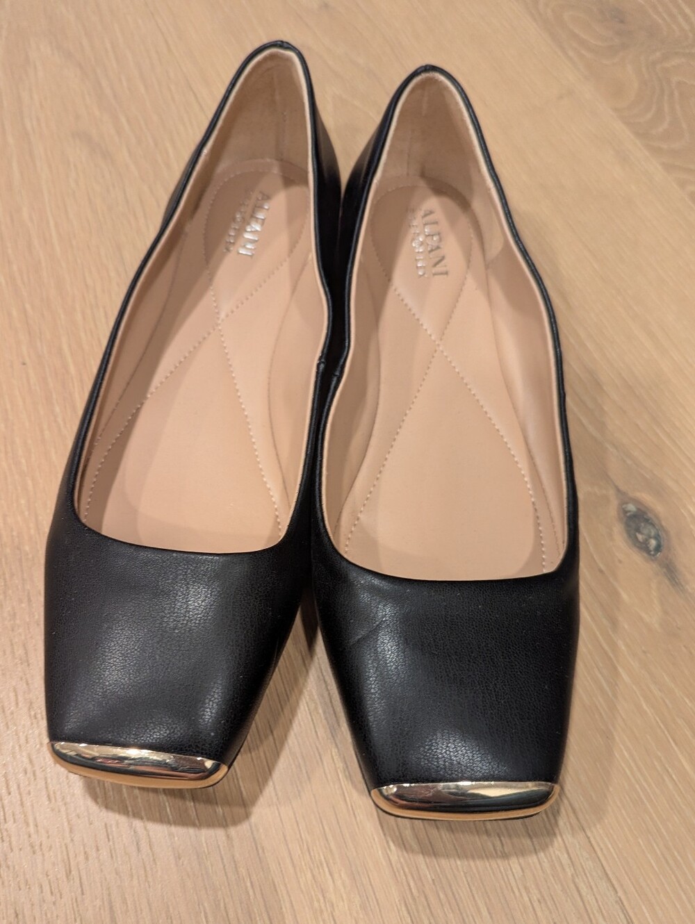 Black Square-Toe Ballet Flats with Gold Accent